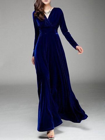Woochic robe longue unicolore velours à volantée v-cou manches longues élégant de soirée Bordeaux S